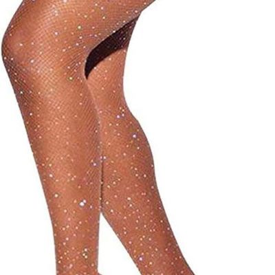 LUCKELF Sexy High Waist Tights Sparkle Rhinestone Fishnets One Size, Natural